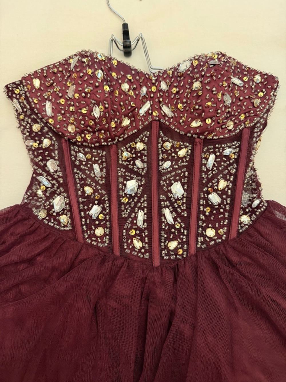 Embellished Strapless Tulle Dress in Wine